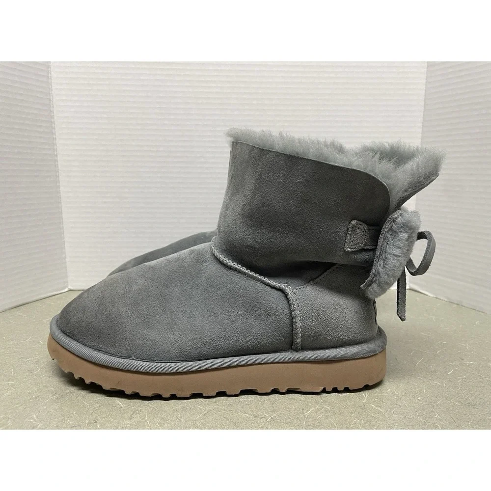 UGG Classic Double Bow Mini‎ Geyser Water Resistant Boot Gray Shearling Lined 7